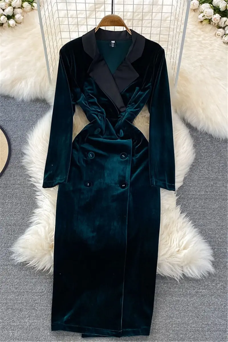 OL High-End Ladies Temperament Slim Suit Collar Color Matching Velvet Dresses Elegant Vintage Double Breasted Robe Jacket H016