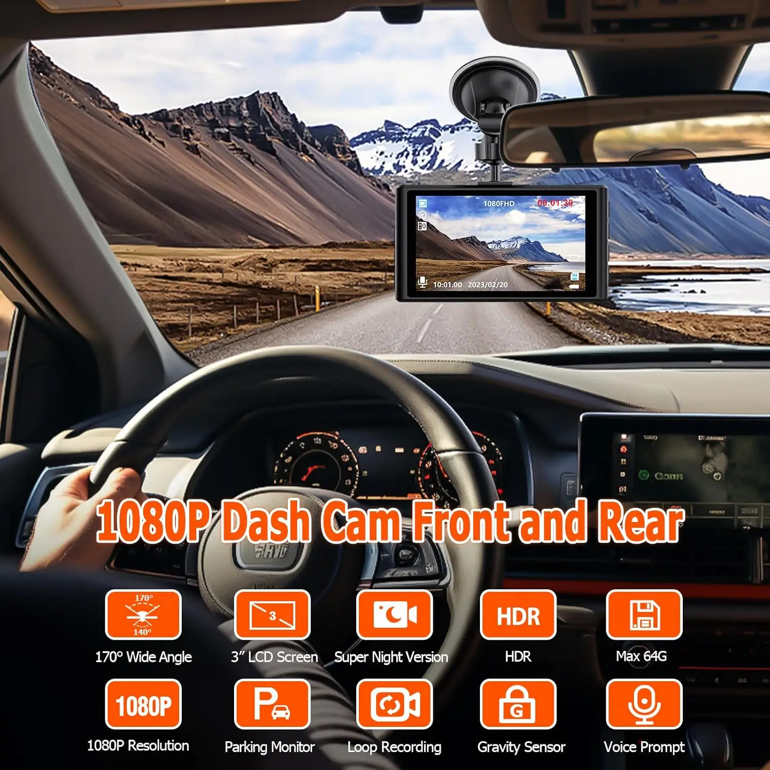 Dashcam Ganda 1080P dengan SD 32GB, LCD 3', Tipe-C, HDR, Sensor-G, Penglihatan Malam