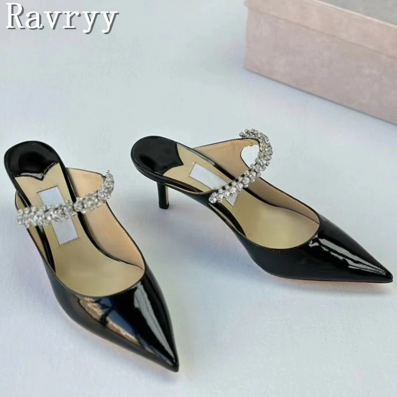 Luxury Pointed Toe Crystal Embellished Slippers Women Flat Bottomed Shallow Patent Leather Muller Summer New High Heel Sandals