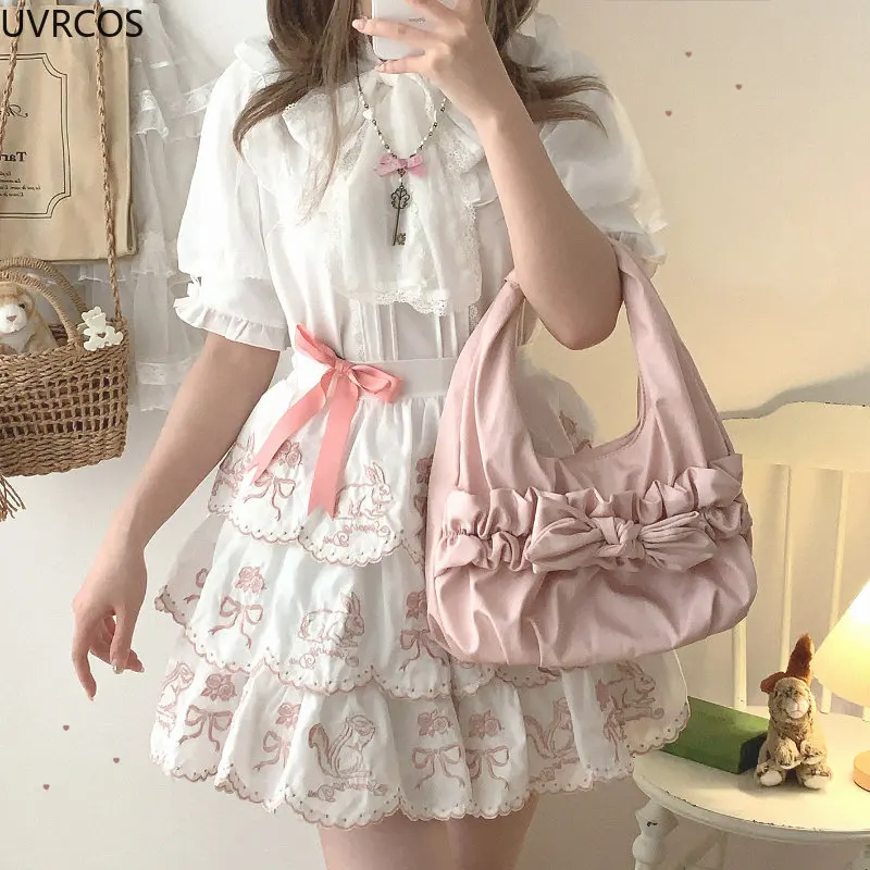 Summer Japanese Kawaii Sweet Mini Skirt Women Sweet Bow Bunny Embroidery Cute Skirts Female Elegant Layered Lolita Fairy Skirts