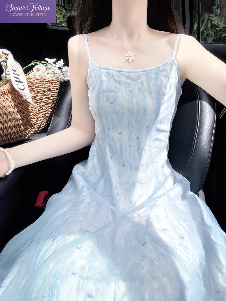 休暇 Fairycore スパゲッティストラップドレス女性ライトブルーチュール A ラインガウンエレガントな夏フレンチスウィートプリンセスメッシュロングドレス