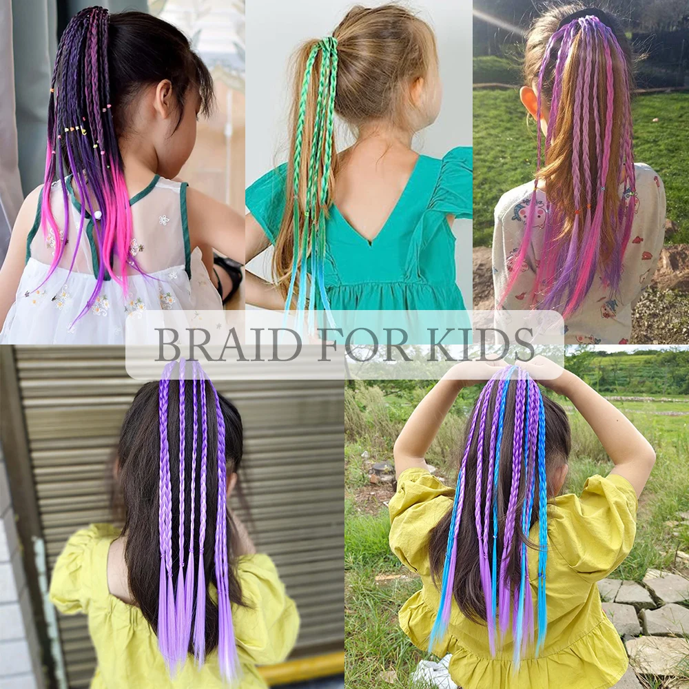 Synthetic Colorful Braids Hair Extensions With Rubber Bands Rainbow Braided Ponytail Hairpieces Hair Accessories For Kids Girls