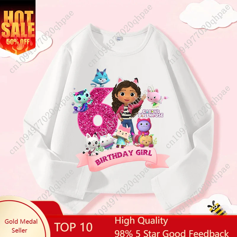 

Толстовка Gabby Dollhouses Digit 1-9 для девочек, милый пуловер на день рождения, детская футболка с длинными рукавами на весну и осень, детская одежда, подарок