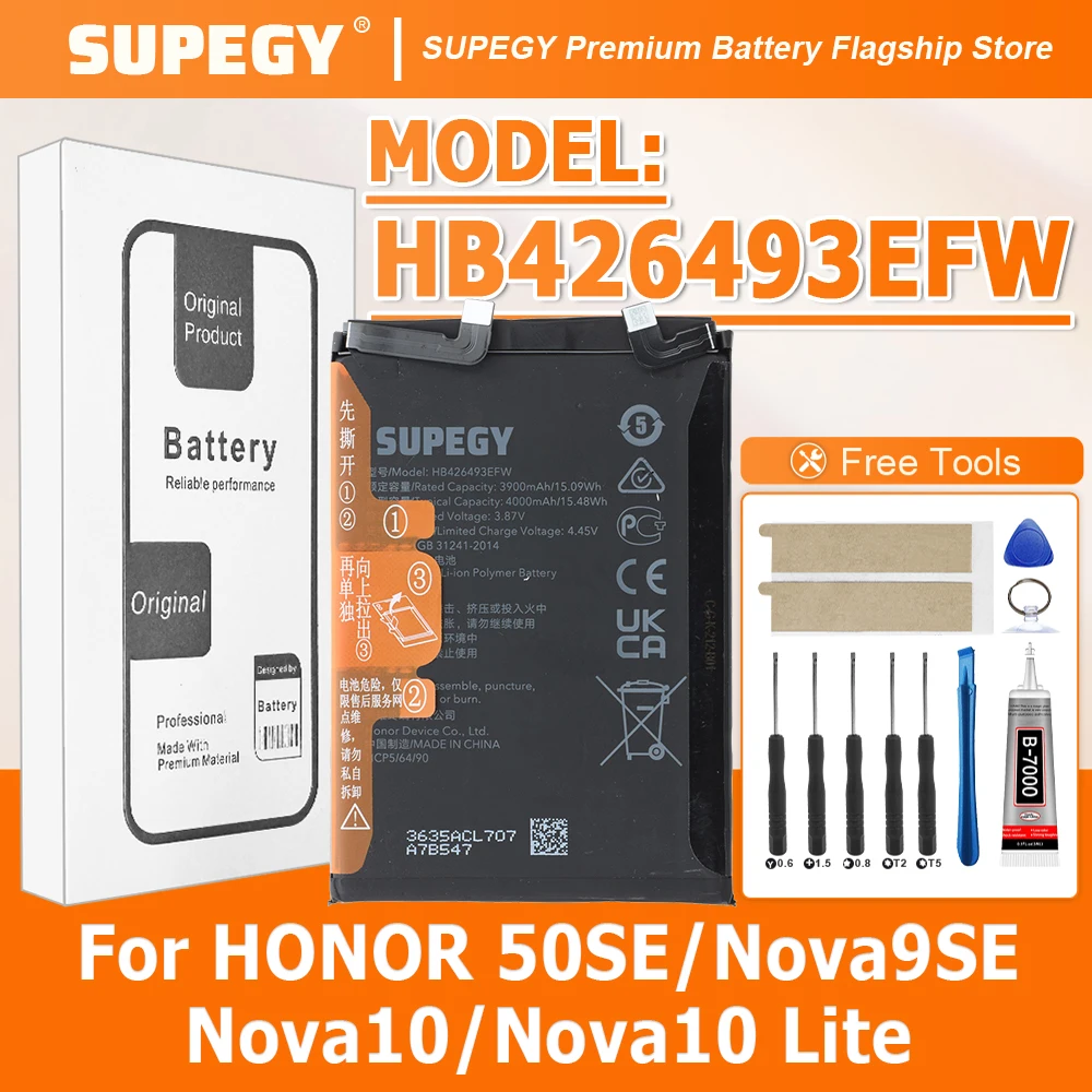 

100% New HB426493EFW Battery For HONOR 50SE/Nova9SE/Nova10/Nova10/Nova10 Lite batteries batteria+Free Tools