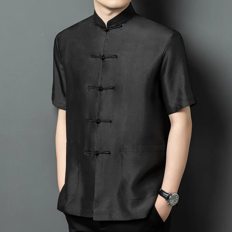 

High Quality Real Silk Men's High-End Gambiered Guangdong Short-Sleeved Suit Middle-Aged Breathable Chinese Style Top Men
