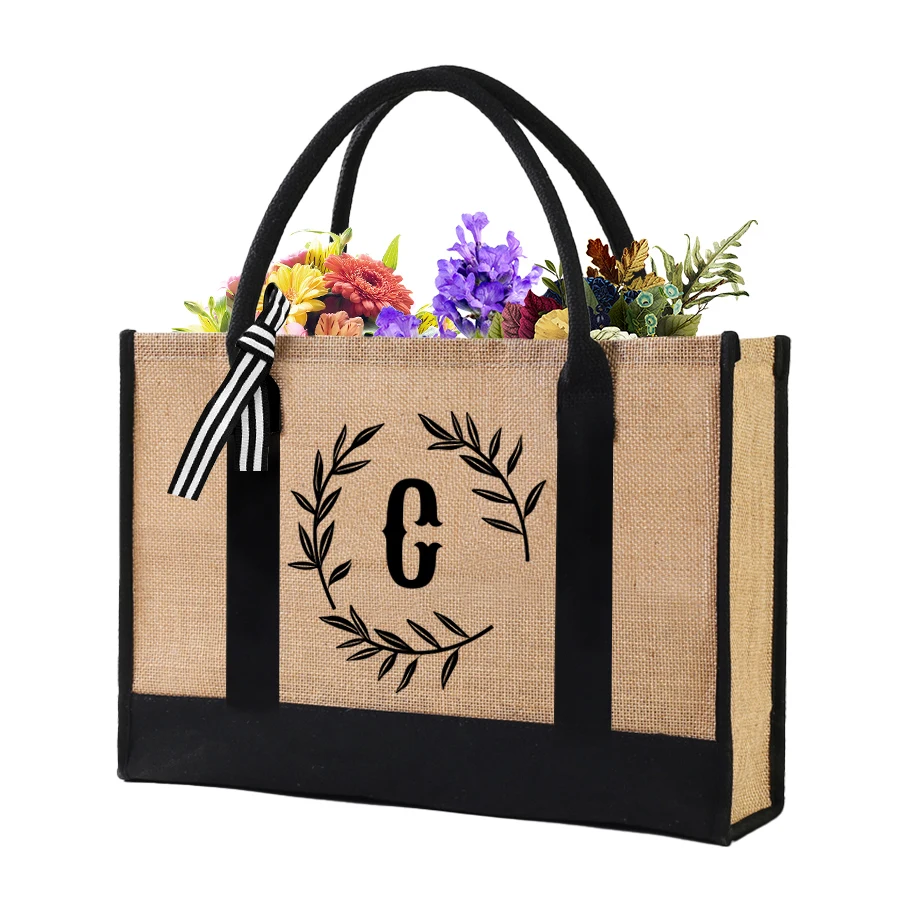حقيبة تسوق بمقبض شريطي بسيط من الكتان، حقيبة تسوق هدايا ذات سعة كبيرة مع حروف مطبوعة، حقيبة التنقل اليومية