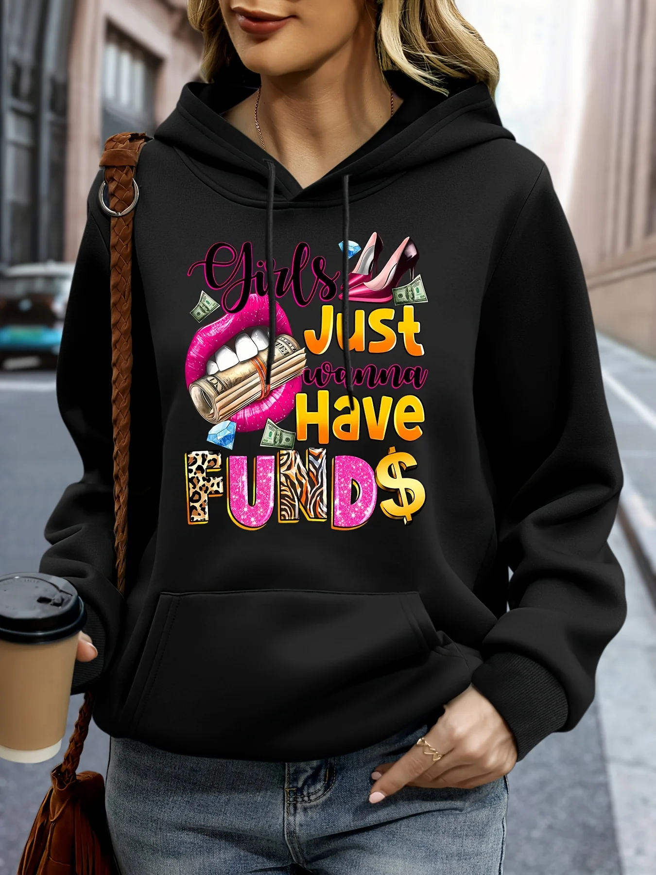 Sudadera con capucha de manga larga de gamuza con estampado de letras PERFECTLY informal cálida y holgada de otoño e invierno para mujer