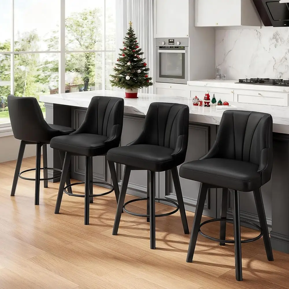 

Set of 4 Black 24 Upholstered Swivel Counter Stools with Backrest and Solid Wood Legs for Kitchen Island Dining
