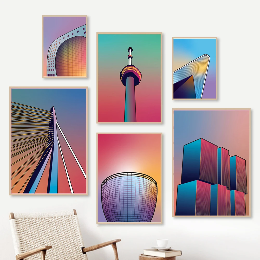 Radiant Gradient Wall Art Abstract Posters Landscape Erasmus Bridge Canvas Painting Nordic Print Pictures for Living Room Decor