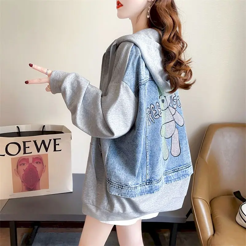 Womens Hoodies Hot Diamond Denim Patchwork Hooded Jacket Spring Fall Trend Thin Zip Up Cardigan Hoodie Cartoon Coat Y2k Clothes