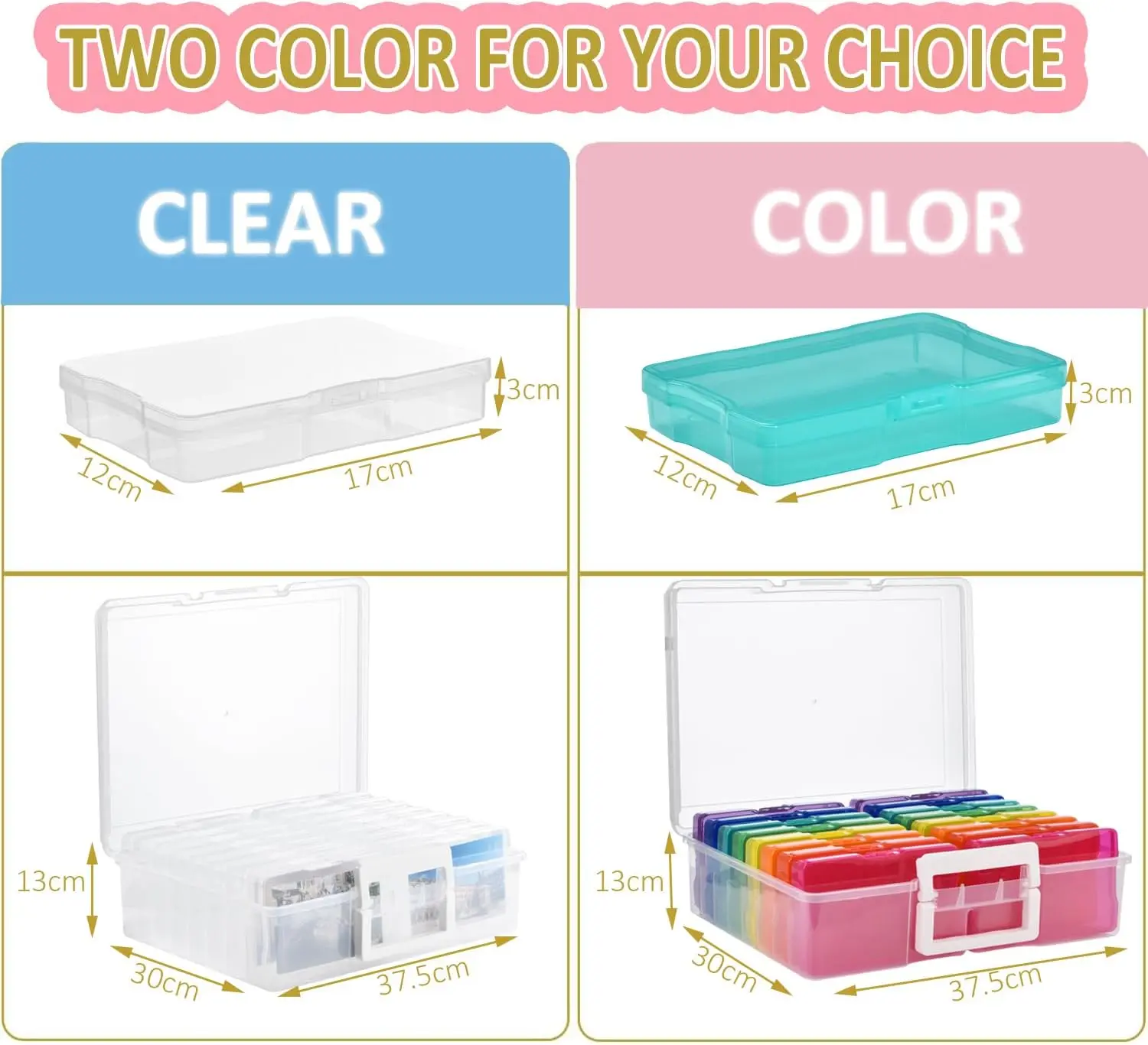 Photo Storage Box with Handle, Photo Organizer Storage Container with 16 Inner Case and 1 Sheet Label for Pictures, Arts