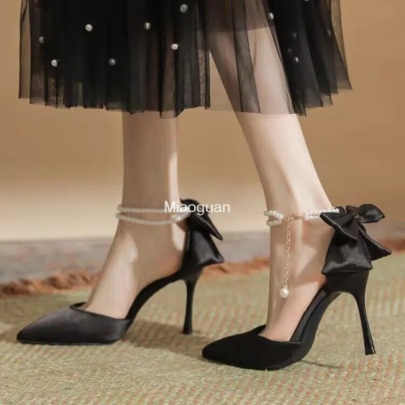 Silk Ankle Pearl White Pumps Design 8cm High Heels Women Pumps Stiletto Sexy Bow Strap Dress Wedding Bride Shoes Plus Size 2024