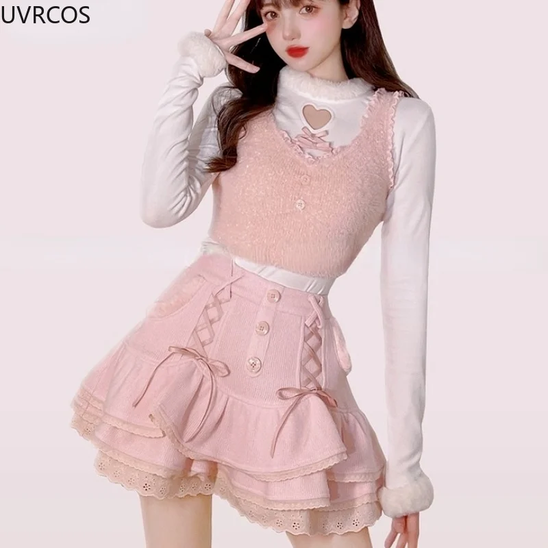 Japanese Kawaii Lolita Mini Skirt Women Winter Lace Casual Elegant Sweet Female Skirt High Waist Bandage Korean Y2k Skirts 2022