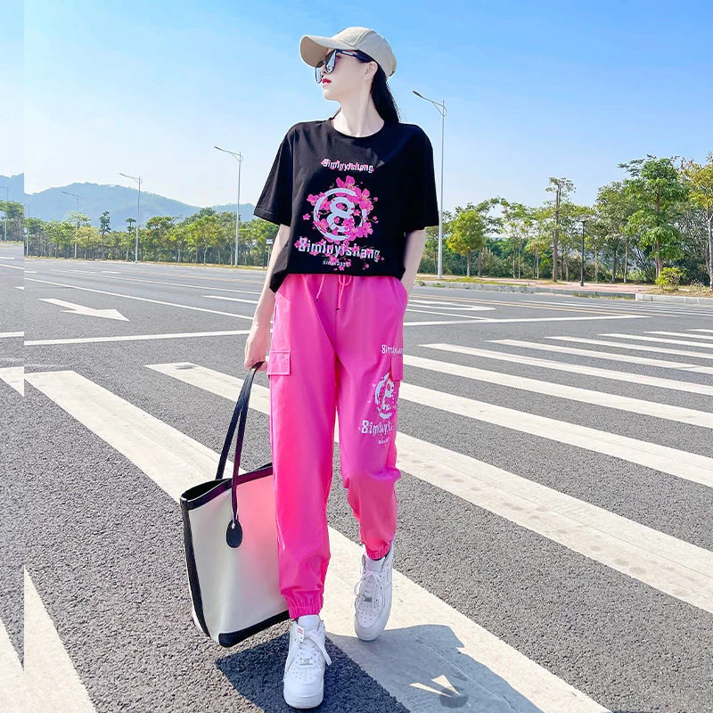 

Celebrity Women Summer Thin Sportswear Sets 2023 New Loose High-end Leisure Age-Reducing Short Sleeve Female Slim Two-piece Suit