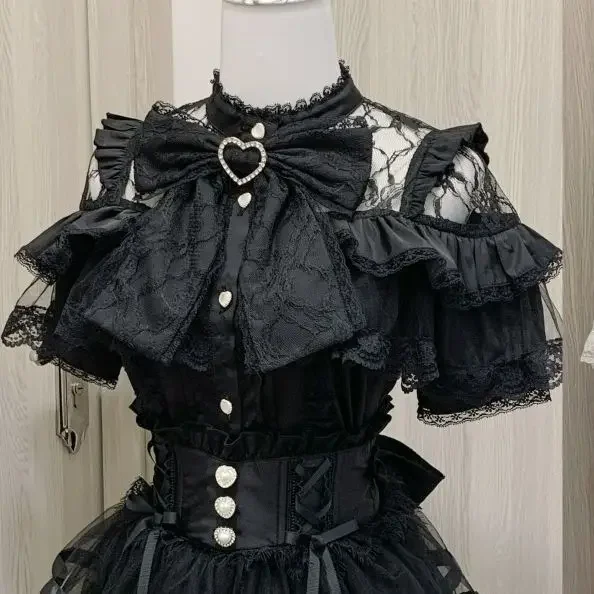 Japanese Lolita Bow Shirt Subcultural Shirts Female Cute Black and White Lace Long-sleeved Short-sleeved Blouse Women