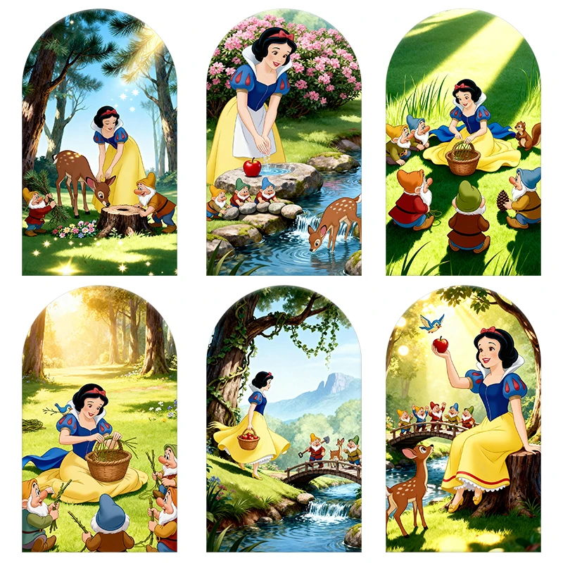 

Disney Snow White Seven Dwarfs Arch Backdrop Cover Forest Stream Style Birthday and Baby Shower Party Photo Booth Decor Props