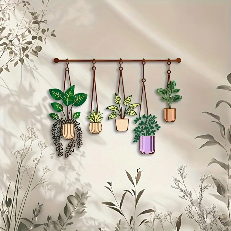 1pc Large Metal Plant Wall Decoration - Brown Hanging Pipes with Green and Purple Flower Pots, Vertical Flower Arrangement