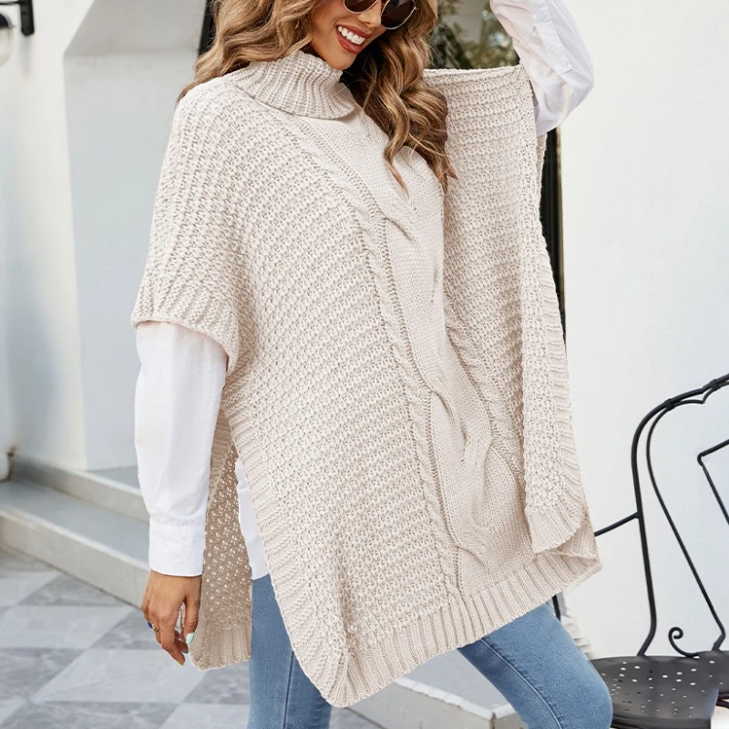 

High Neck Fried Dough Twists Shawl Sweater Loose Half Sleeve Fashion Temperament