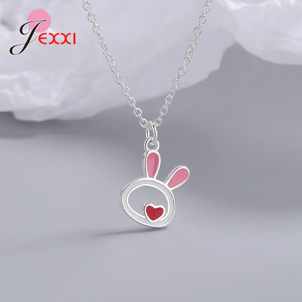 Cute Pink Enameled Rabbit Pendant Necklace for Girl Woman Original 925 Sterling Silver Animal Birthday Party Collar Jewelry