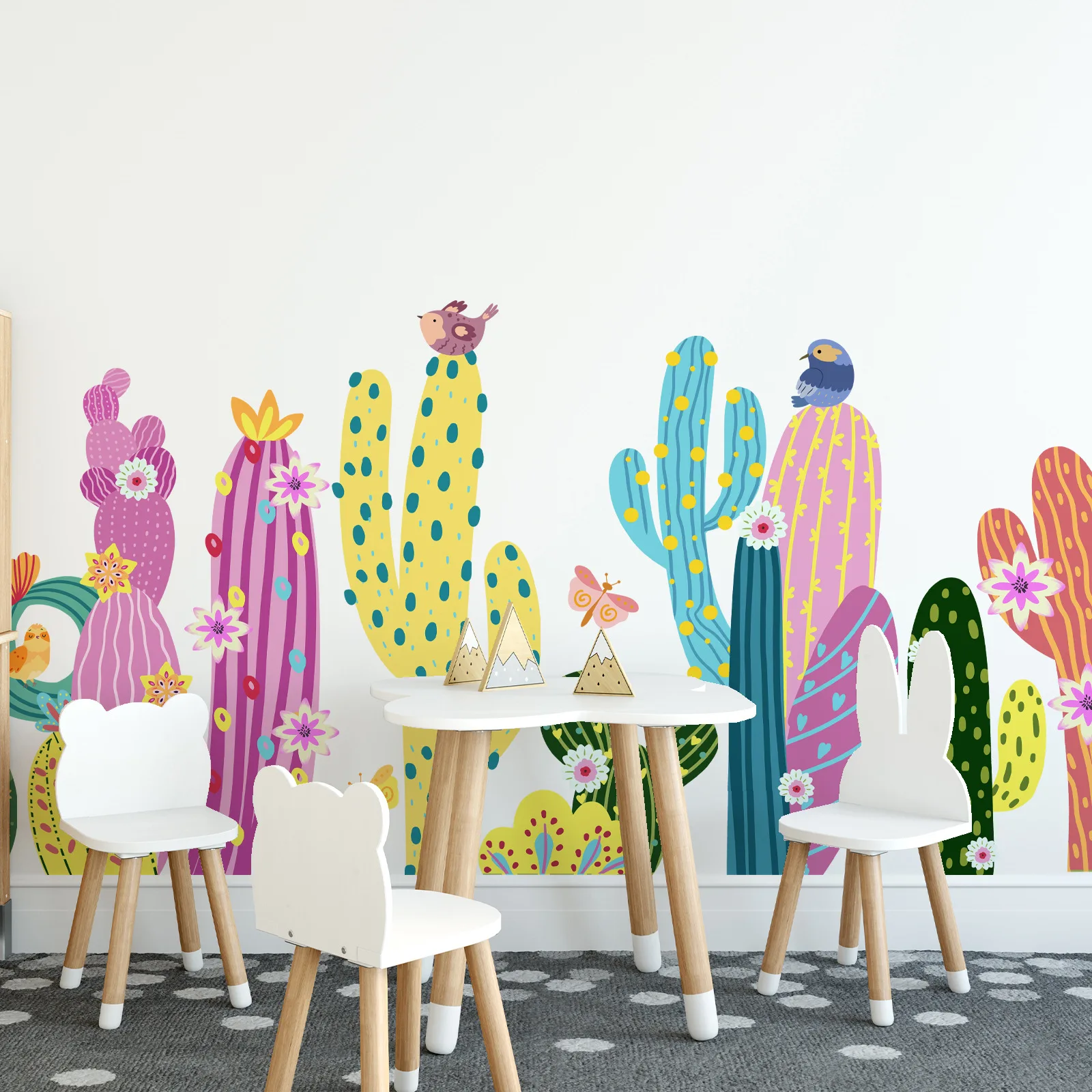 Removable Cacti Wall Stickers Colorful Boho Design for Childrens Room Playroom Living Room 60x180cm Total Size