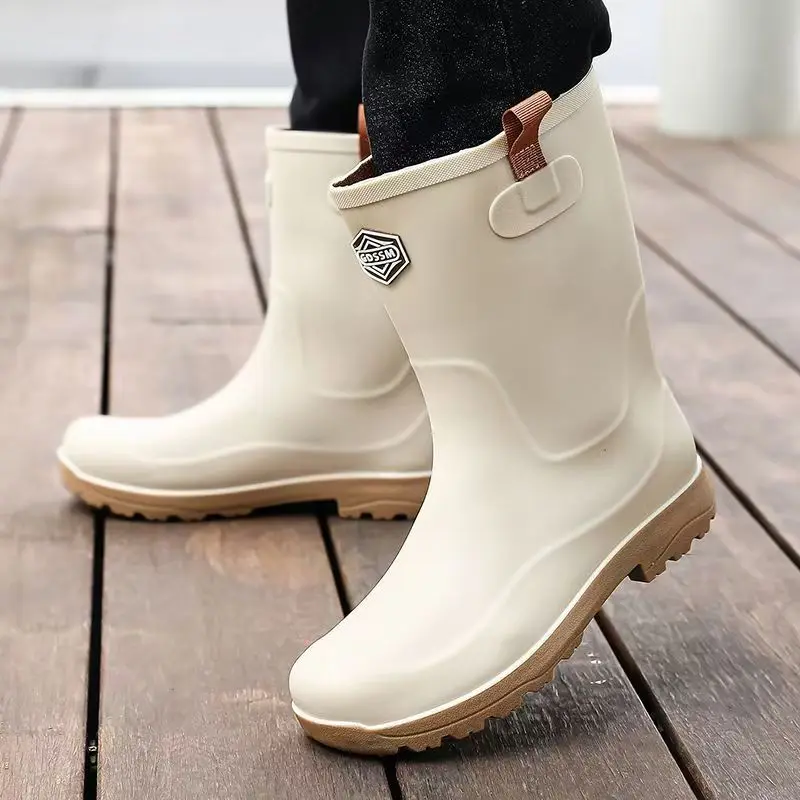 Men's Flat Sole Mid Calf Rain Boots Spring Autumn New Thick Sole Round Toe Slip On Waterproof Kitchen Work Shoes Fishing Shoes