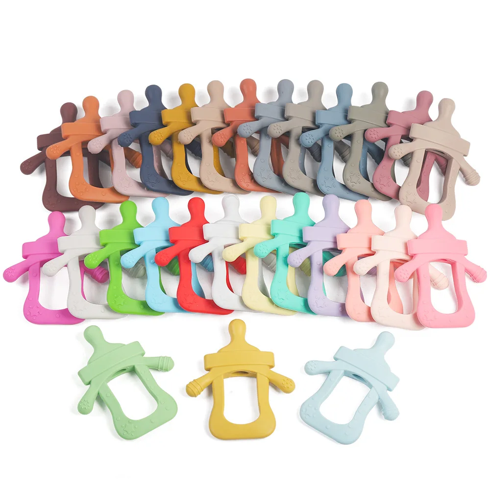 Baby Soft Silicone Teethers Feeding Milk Nursing Bottle Shaped Pacifier Teething Toys for 6-30M Baby Infants 28 Colors