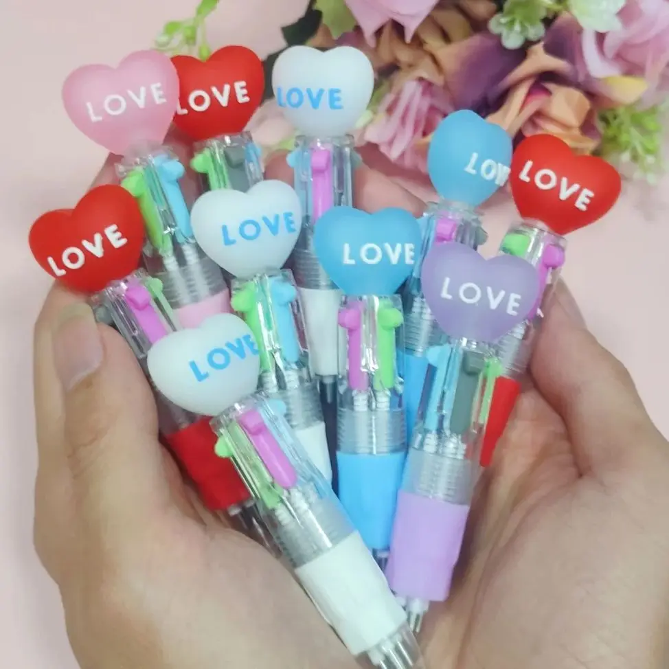 10Pcs/Lot Cute Love Heart Mini 4 Color Ballpoint Pen Kawaii Cartoon Multicolor Writing Pens Kids School Office Stationery Gifts