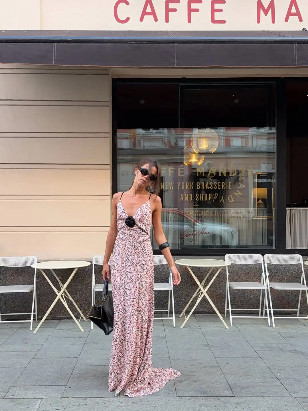 Pink Ditsy Floral Satin Maxi Dress Spaghetti Strap Deep V Neck Front Black Rose Detail Ruffle Hem Women Street Vacation Dress