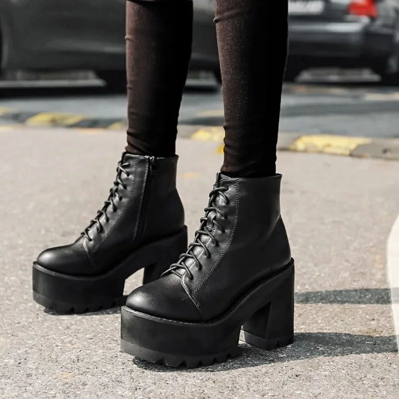 Platform Black Ankle Boots Women Thick Bottom 10CM High Heels Punk Gothic Shoes Round Toe Lace Up Side Zipper Short Boot Booties