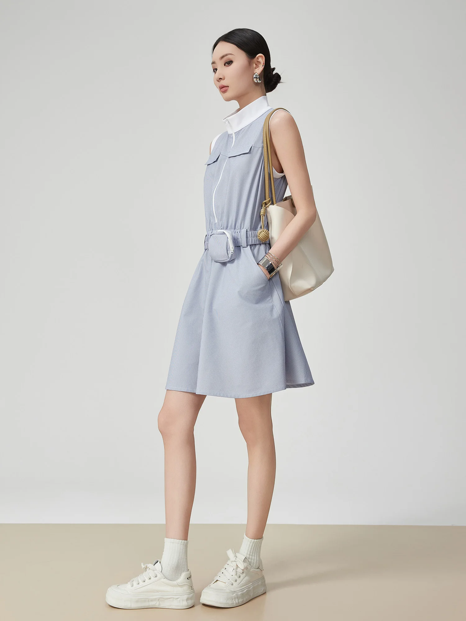 Vestido Casual de Golf sin Mangas a Rayas Azules y Blancas para Mujer, Largo Medio, Único y Hermoso, con Cintura Ajustada, Fa...