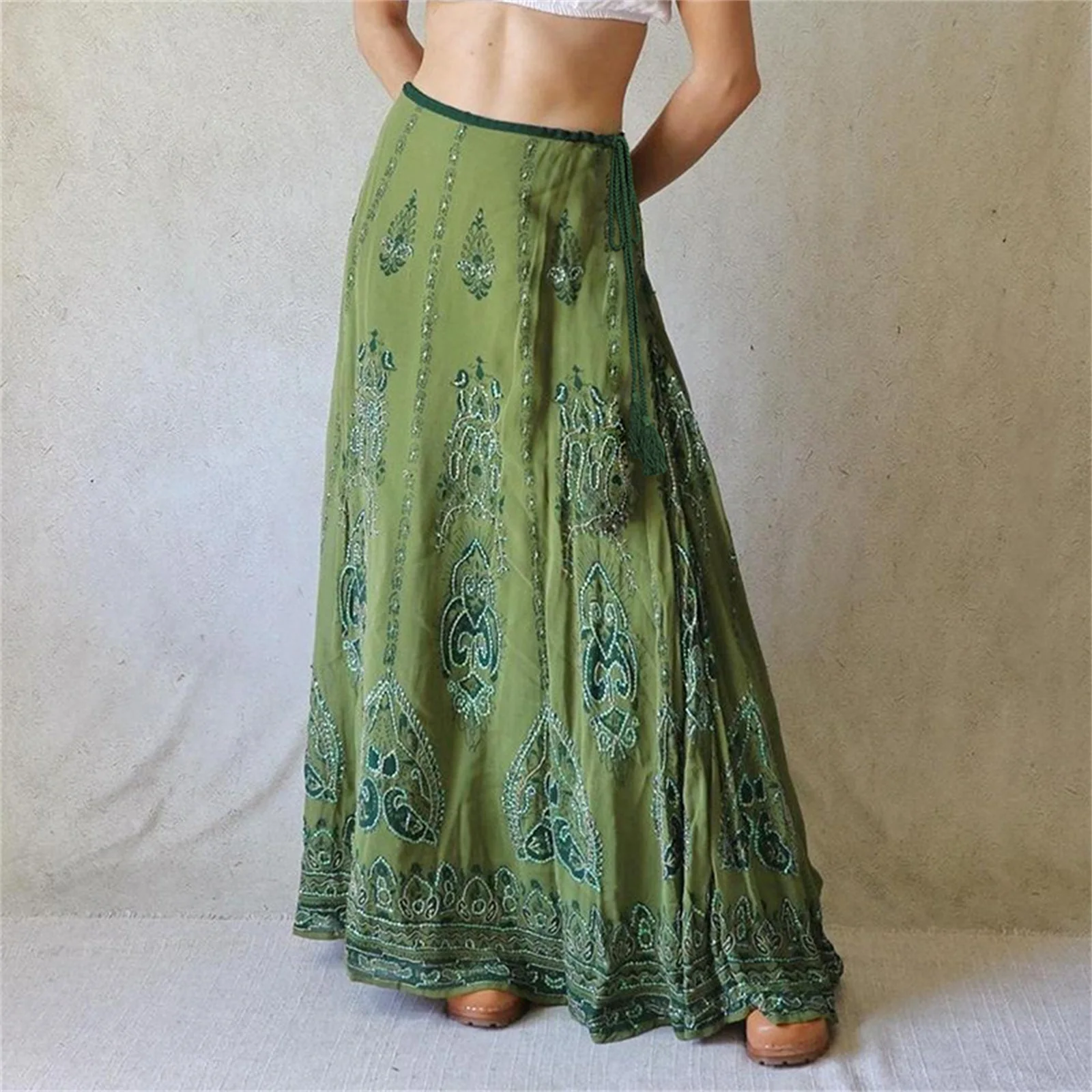 Nowa Moda Damska Letnia Spódnica Trapezowa Boho Kwiatowy Haft Długa Spódnica Na Podróże Plażę Zakupy Gorąca Wyprzedaż S M L