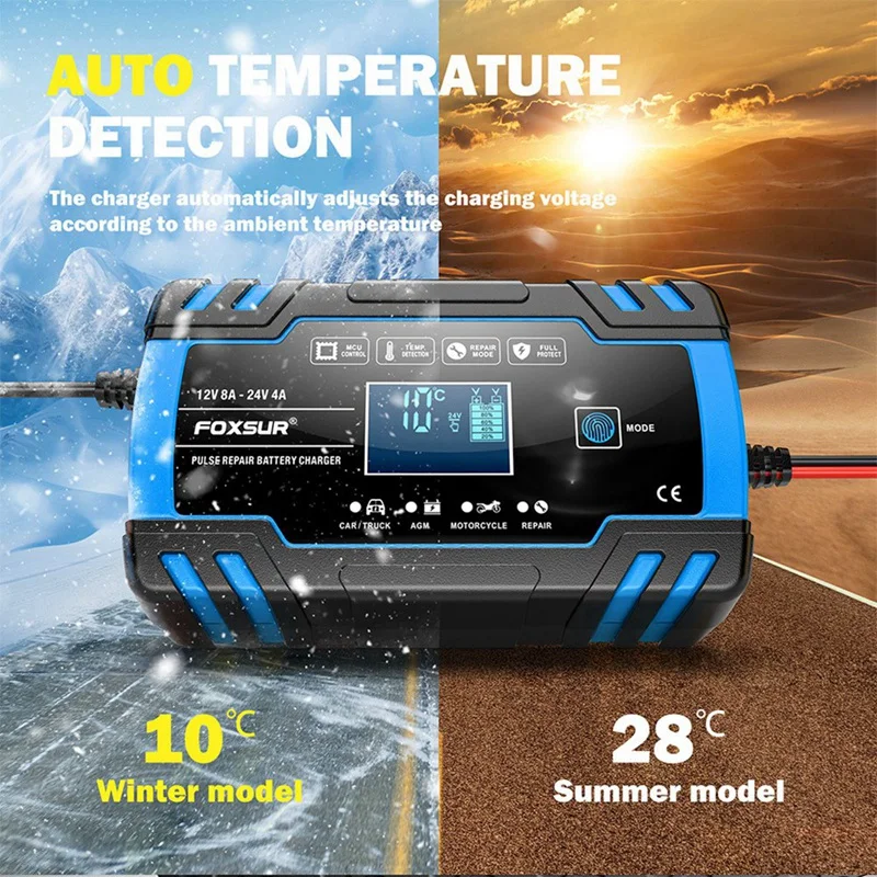 Foxsur motocyklowa ładowarka samochodowa 12V 8A 24V 4A automatyczna naprawa impulsów LCD inteligentna ładowarka do naprawy akumulatorów samochodowych