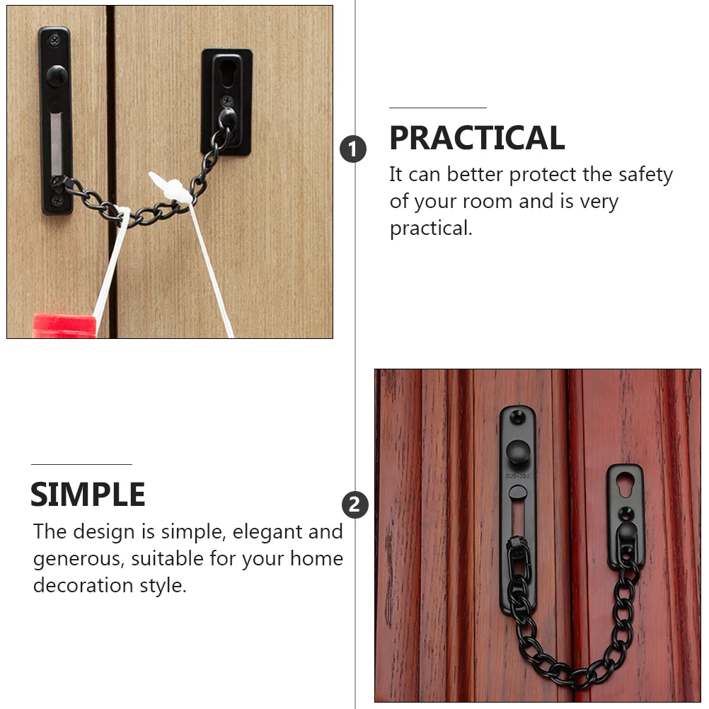 

2 Pcs Door Lock Security Chain Defense Anti Theft Reinforcement Stainless Steel Black
