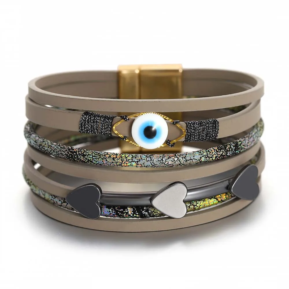 ALLYES Charm Evil Eye Leather Bracelet for Women Men Vintage Heart Arrow Handmade Multilayer Wrap Bracelets Boho Party Jewelry