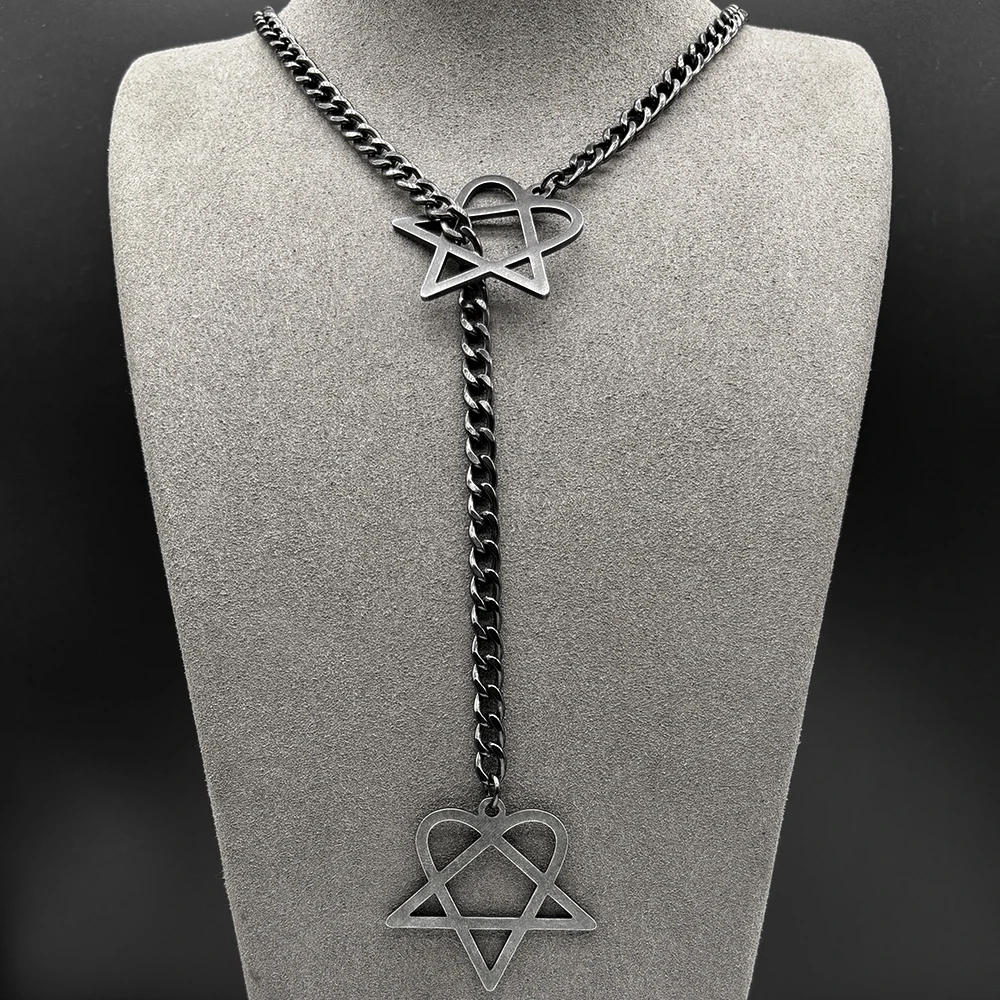 Rock Musik Band Ihn Knebelkette Für Frauen Männer Edelstahl Schwarz Goth Heartagramm Stern Mode Y Form Halskette Schmuck – Detail 5