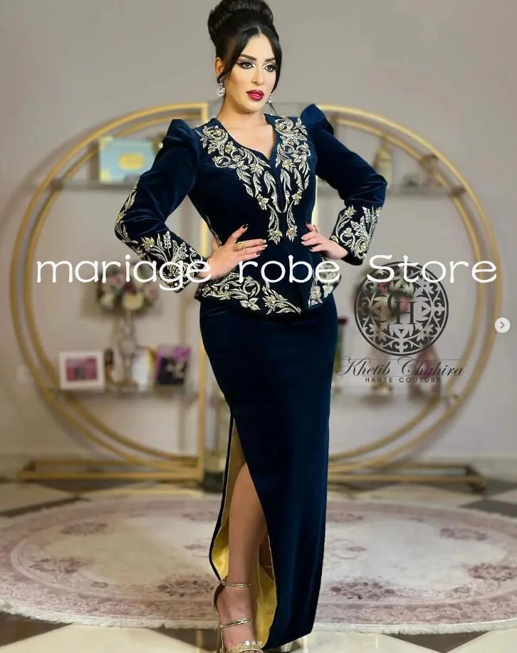 Navy Blue Velvet Dubai Caftan Morocca Evening Occasion Dresses Long Sleeve Applique Karakou Algérois Prom Gown Outfit 2025