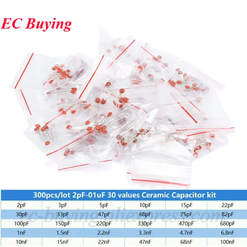 

300pcs/lot Ceramic Capacitor Set 2pF-0.1uF Capacitance Electronic Components Capacitor Assorted Kit Samples DIY 30 Values*10pcs