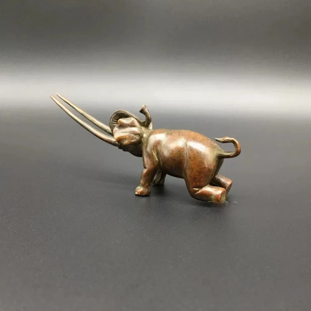 Solid Brass Long Tusk Elephant Statue Micro Carving Tea Pet Handpiece Desk Home Decor Gift