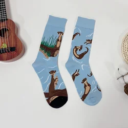 1 Pair Cartoon Swimming Otter Pattern AB Style Fashion Personalized Men's Mid-Calf Socks