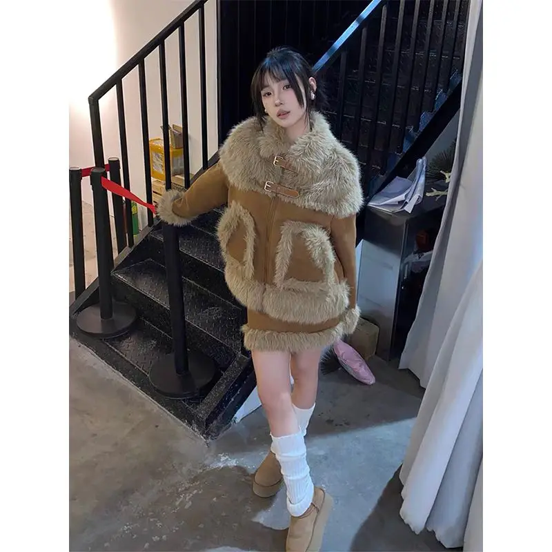 

Sweet Hot Girl Maillard Style Suit Women's Winter Fur Collar Coat High Waist Furry Skirt Two-piece Set Fashion Female Clothes