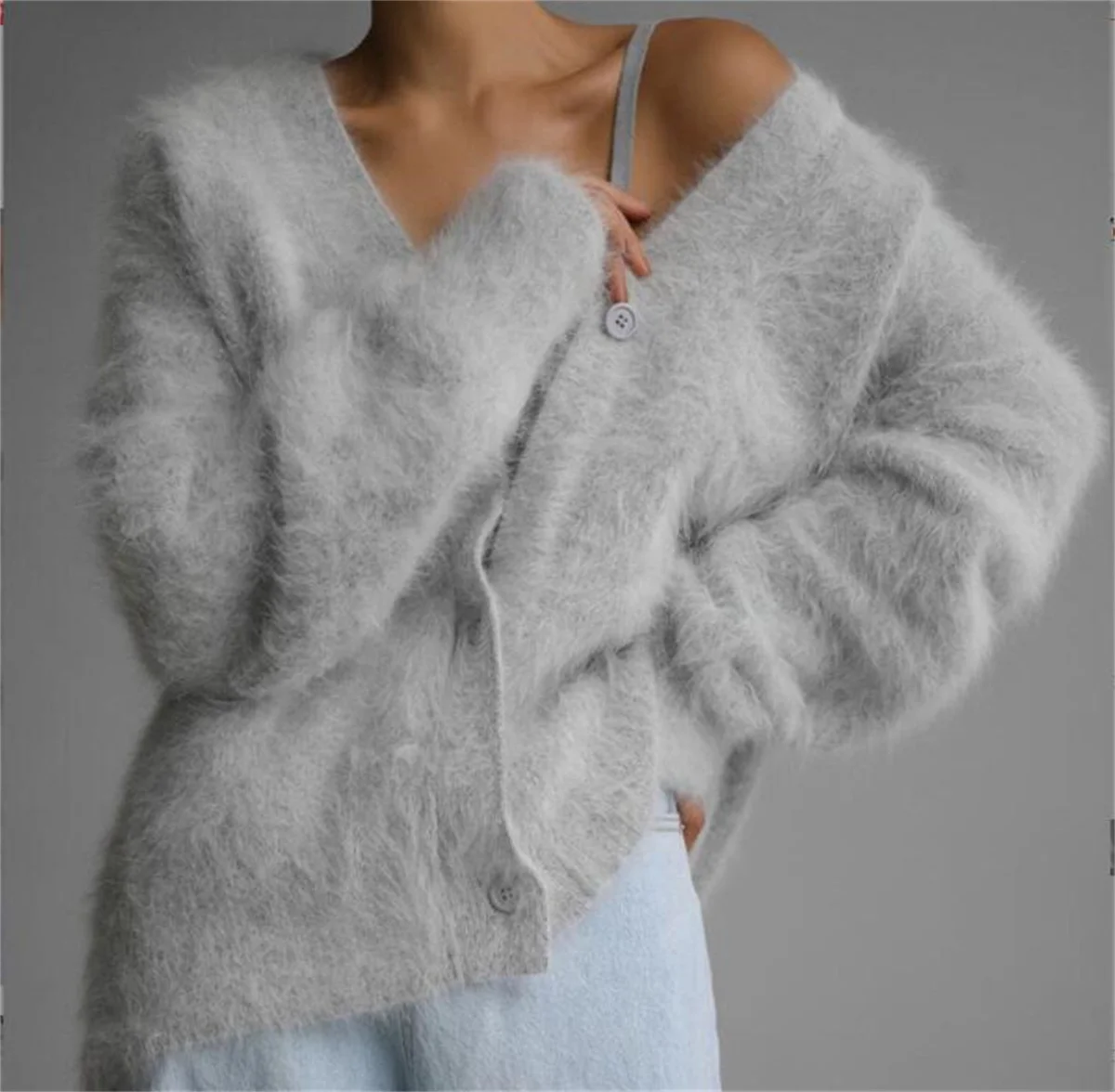 V-neck Knitted Sweater Long Sleeve Solid Female Casual Cardigan Soft Elegant Loose Sweaters Outwear 2024 Winter Autumn Cardigans