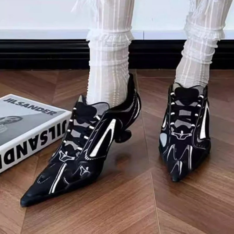 كعب نحيف، حذاء نسائي برباط بمقدمة مدببة، محكم الألوان، عصري، متعدد الاستخدامات، مريح، مضاد للانزلاق وجيد التهوية