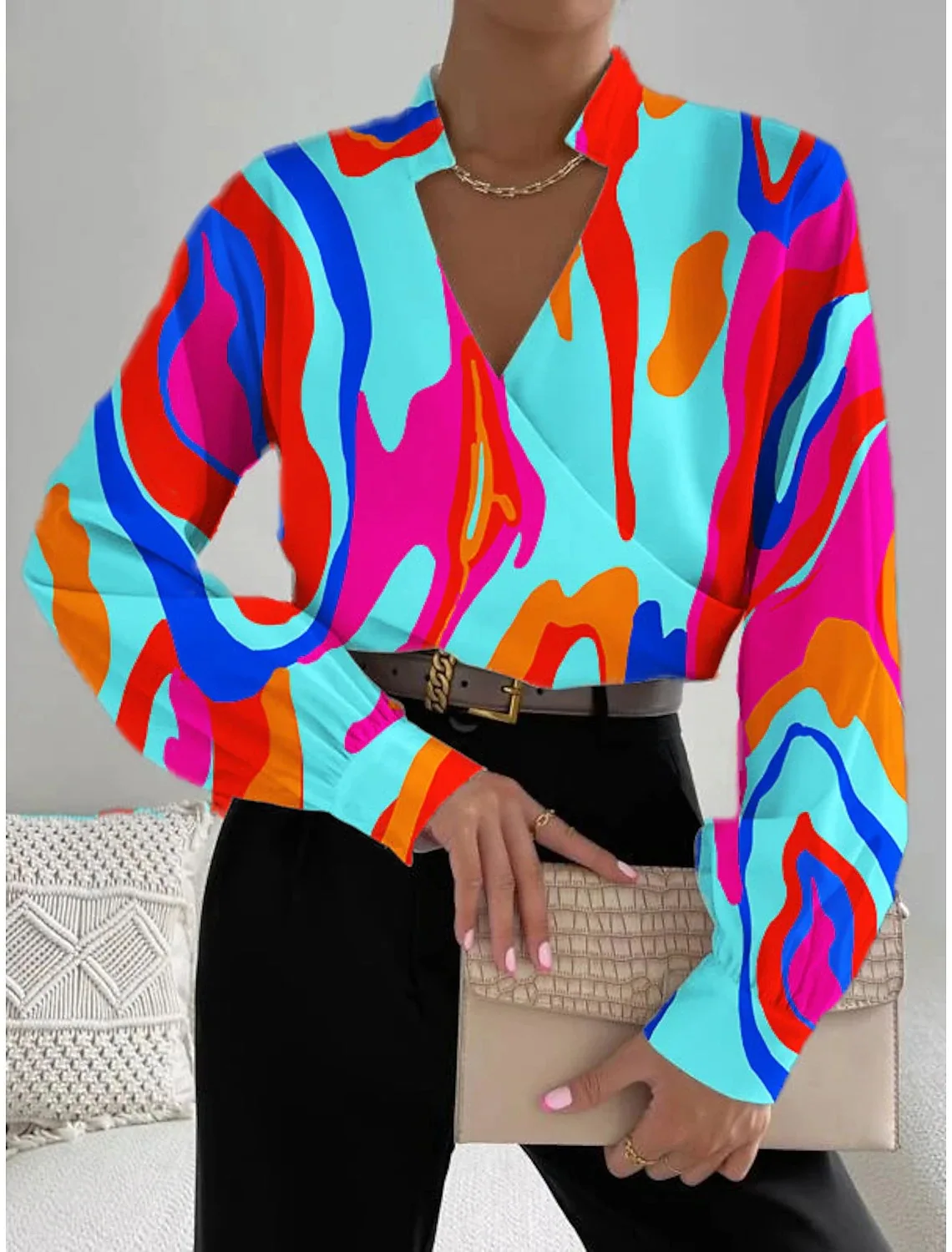 Langarmbluse im europäischen und amerikanischen Stil mit V-Ausschnitt und Blumenmuster für Damen