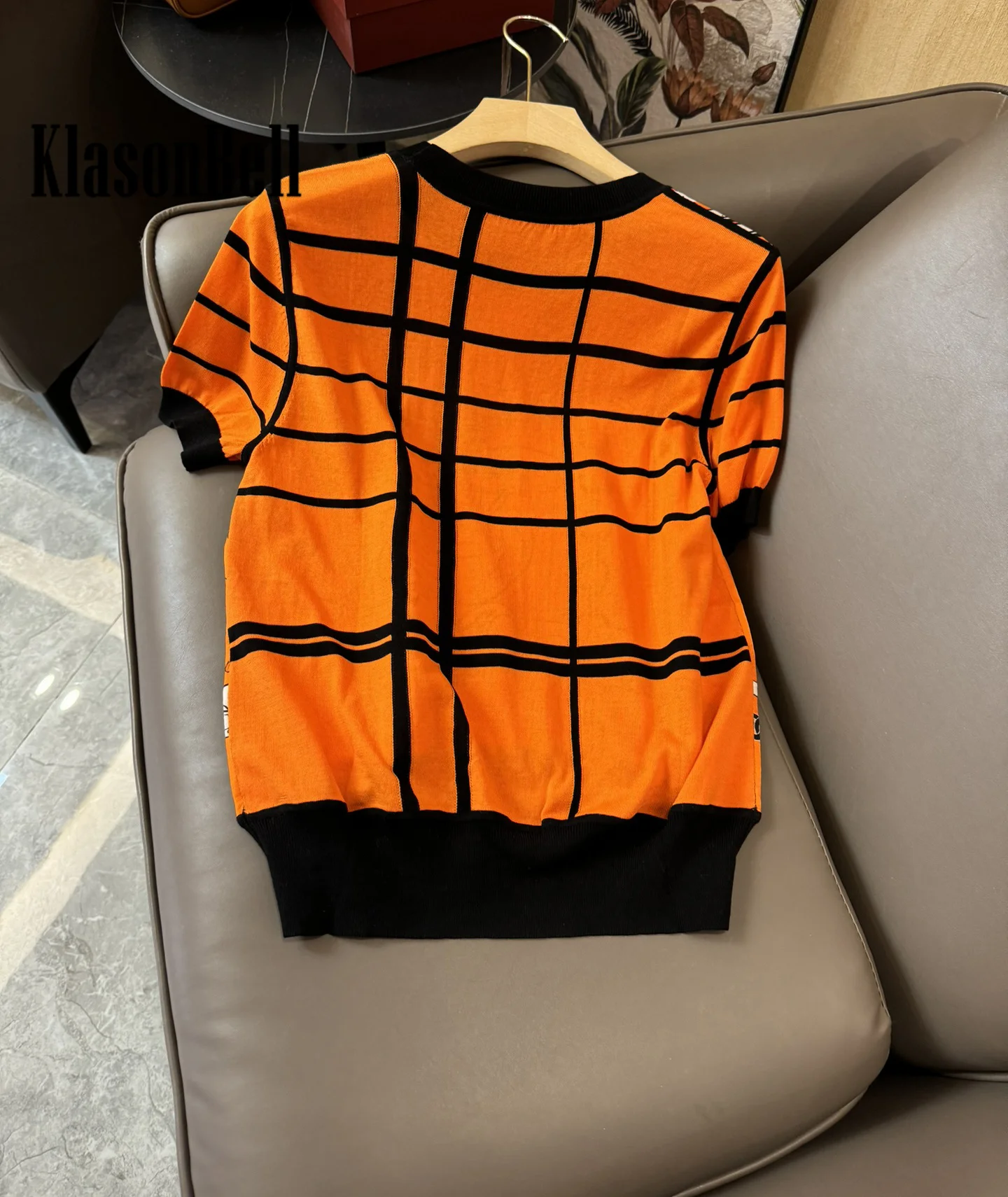 6.29 KlasonBell Women Classic Geometric Print Silk Spliced Knitted Short Sleeve T-Shirt 2024 Summer New