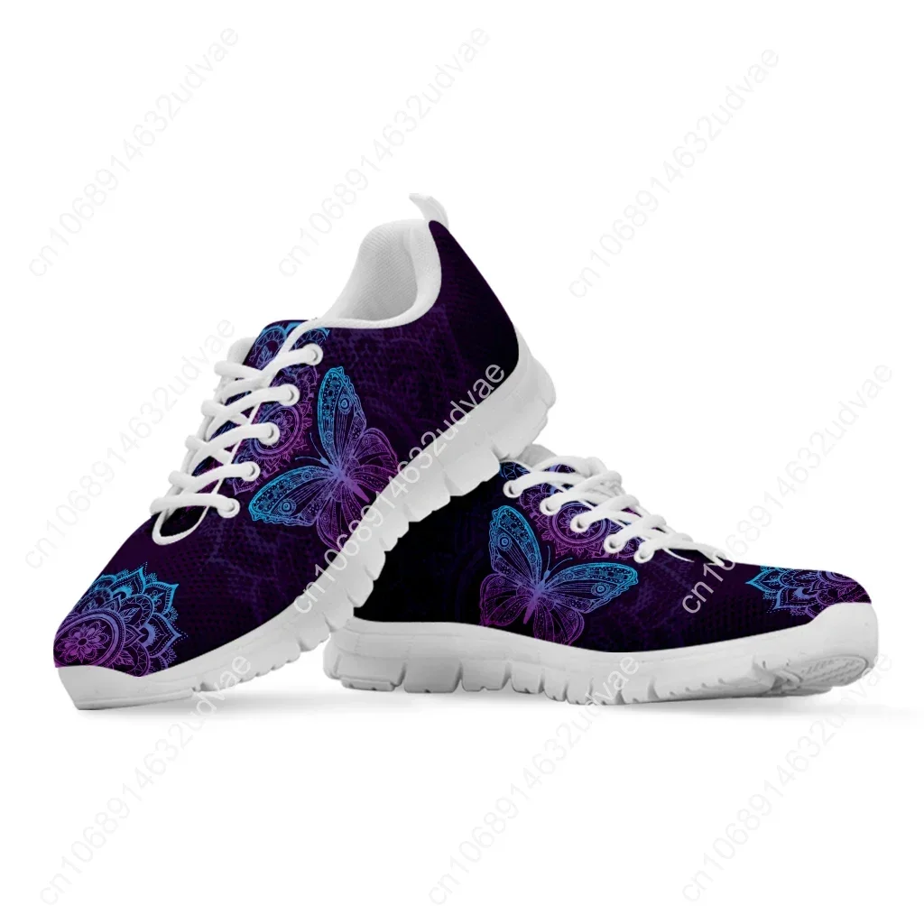 Purple Bohemian Mandala Flower Design Lightweight Outdoor Shoes Butterfly Pattern Comfortable Platform Sneakers