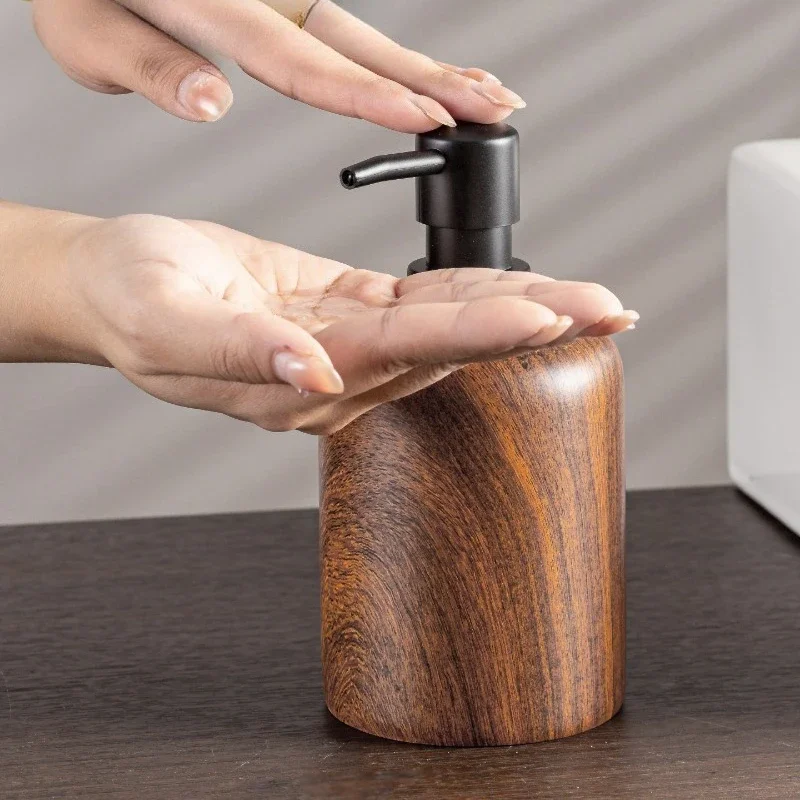 Walnut Wood Grain Hand Soap Bottle- High-Aesthetic Lotion Dispenser, Press-Type Dish Soap, Shampoo & Body Wash Refillable Bottle