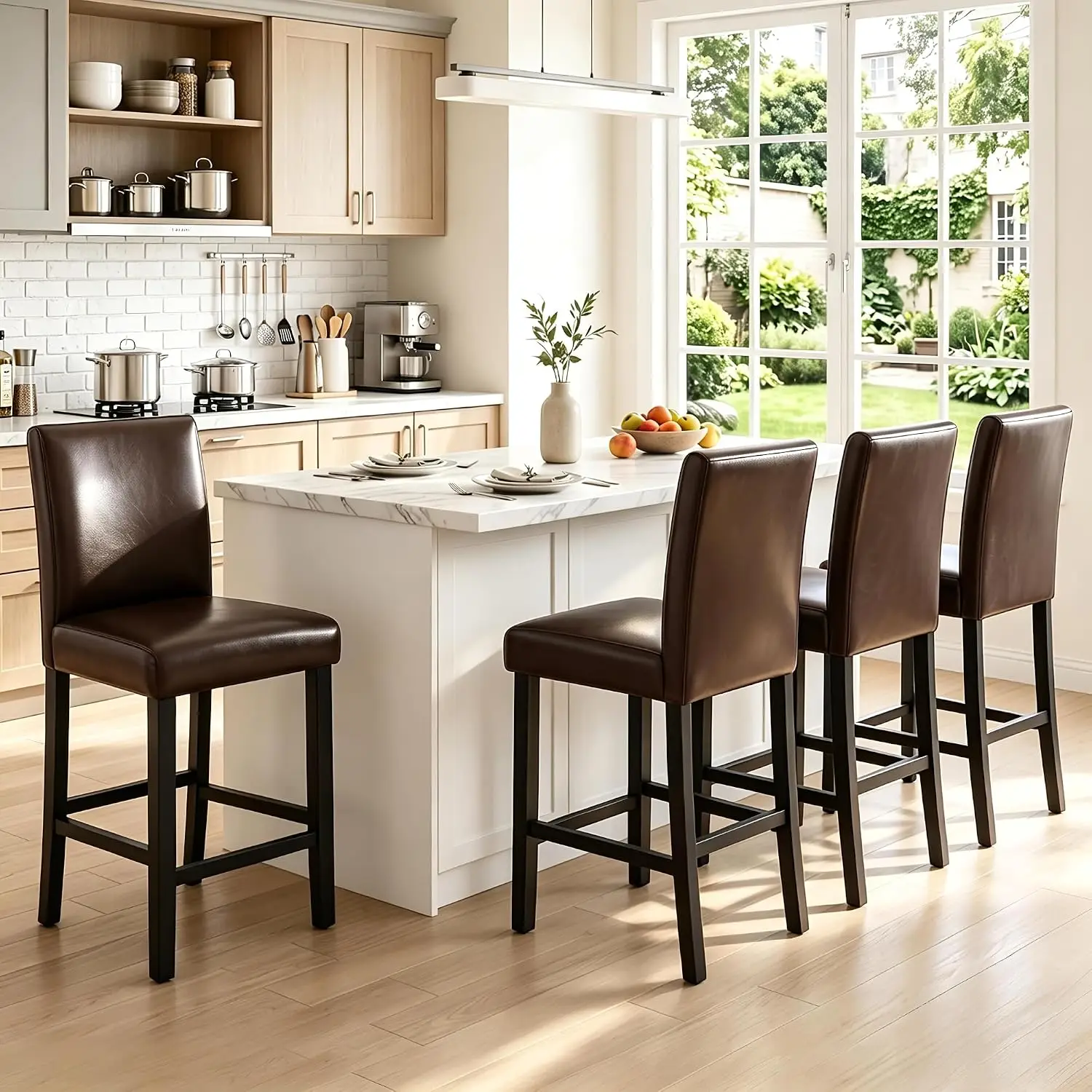 Counter Height Bar Stools 4pcs, 25 Inch PU Leather Upholstered Barstools with Backrest & Solid Wood Legs, Dark Brown, Customized