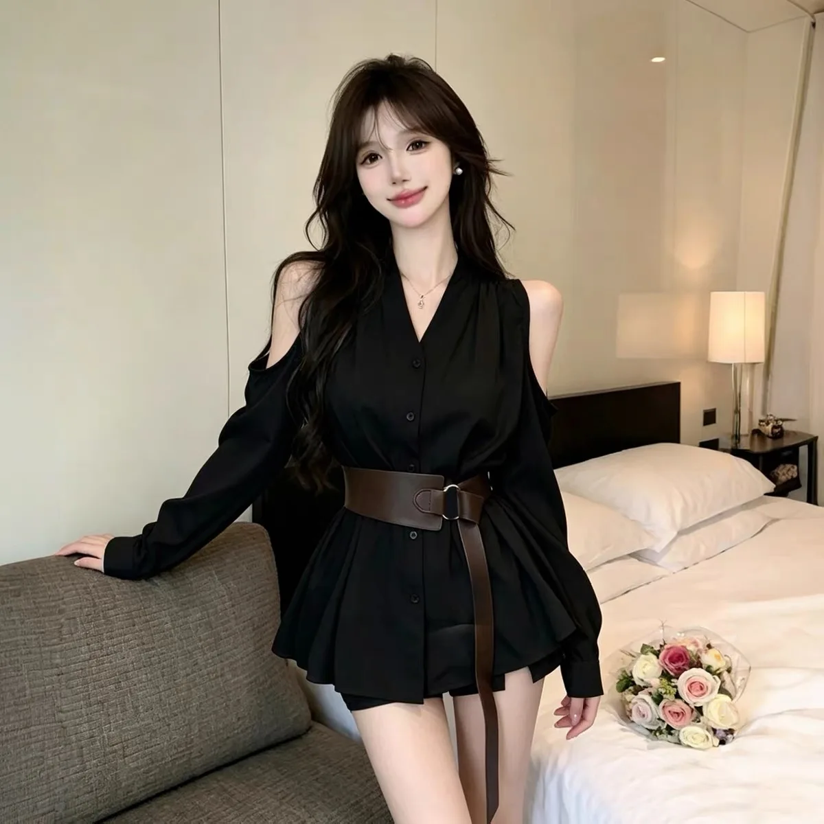 Elegant Shoulder Bared Long Sleeve Shirt Waist Cinched Slimming Design Commute Style Polyester Women's Shirt V Neck Pure Color