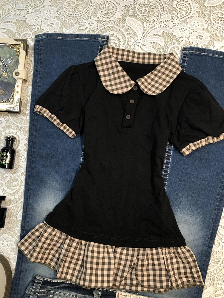 

Оригинальная футболка Bla Plaid irt с воротником, тонкая винтажная футболка ort Sve для девочек, осенний сезон, футболка из смеси хлопка прямого кроя