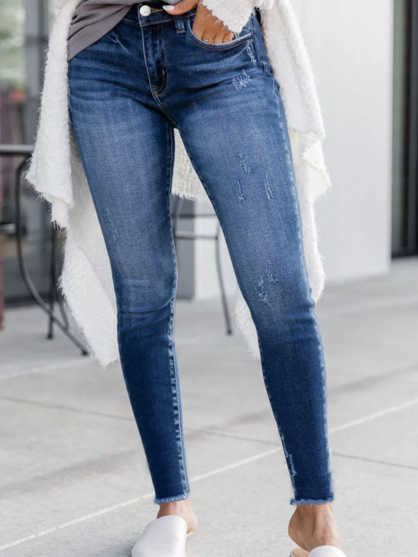 

Women's blue high-waisted stretch skinny jeans, comfortable fit casual pencil pants with zipper closure, suitable for all season